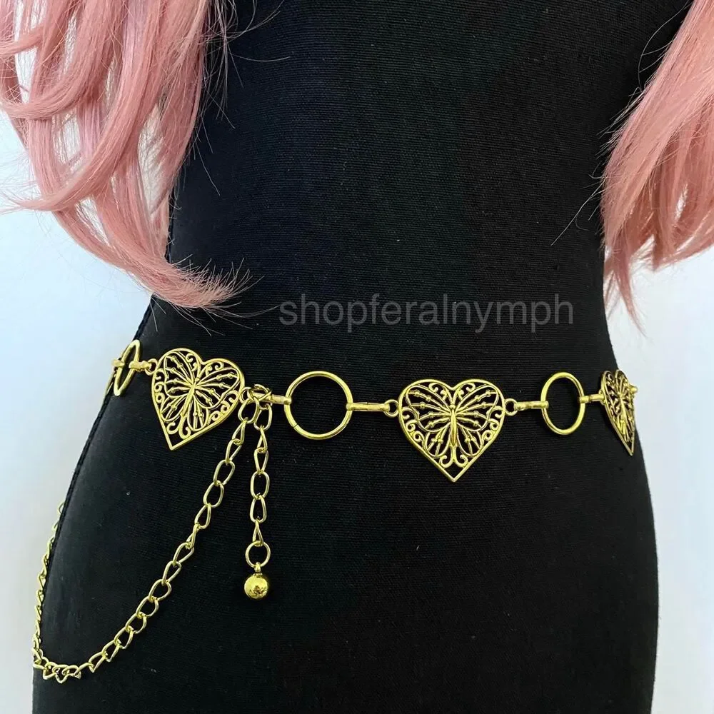 Gold Y2K Butterfly Heart Open Ring Chain Belt, Fits 25-44 Inches, X7GA1318